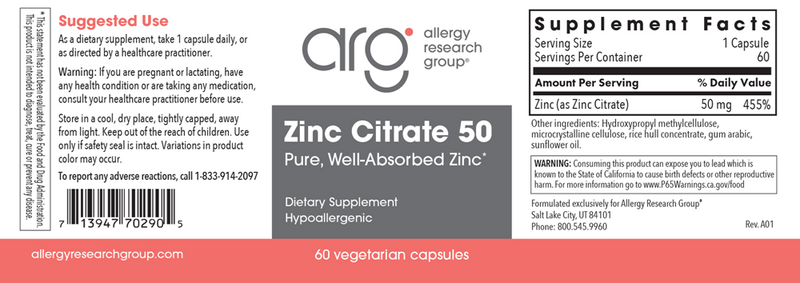 zinc citrate 50 mg allergy research group label