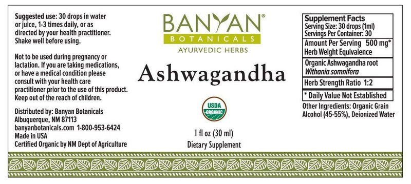 Ashwagandha Liquid Extract Organic (Banyan Botanicals) label