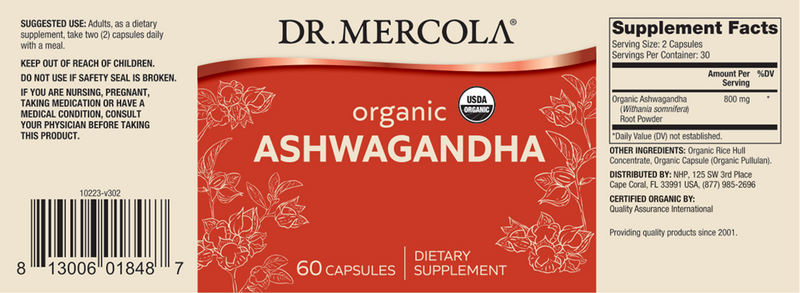 Organic Ashwaganda (Dr. Mercola) label