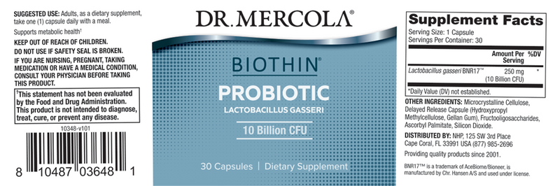 Biothin Probiotics (Dr. Mercola) Label