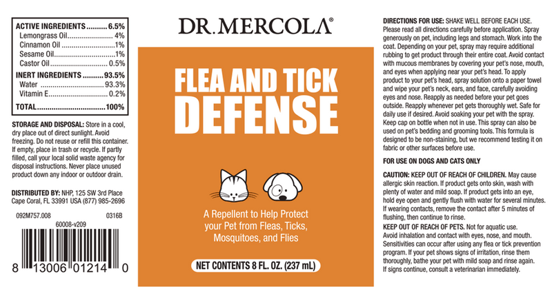 Flea and Tick Defense Spray (Dr. Mercola) label