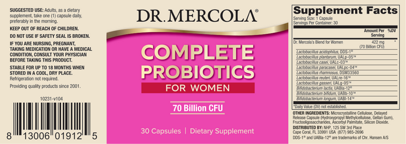 Complete Probiotics for Women (Dr. Mercola) Label