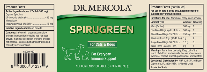 SpiruGreen For Cats and Dogs (Dr. Mercola) label