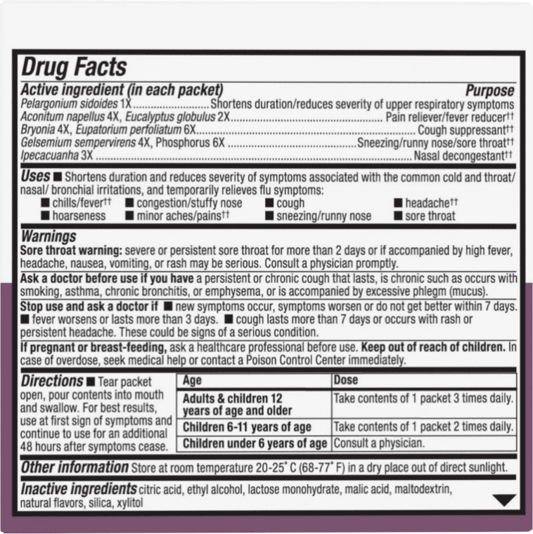 Umcka FastActives Cold & Flu Berry Tray 10 Packets (Nature's Way) drug facts