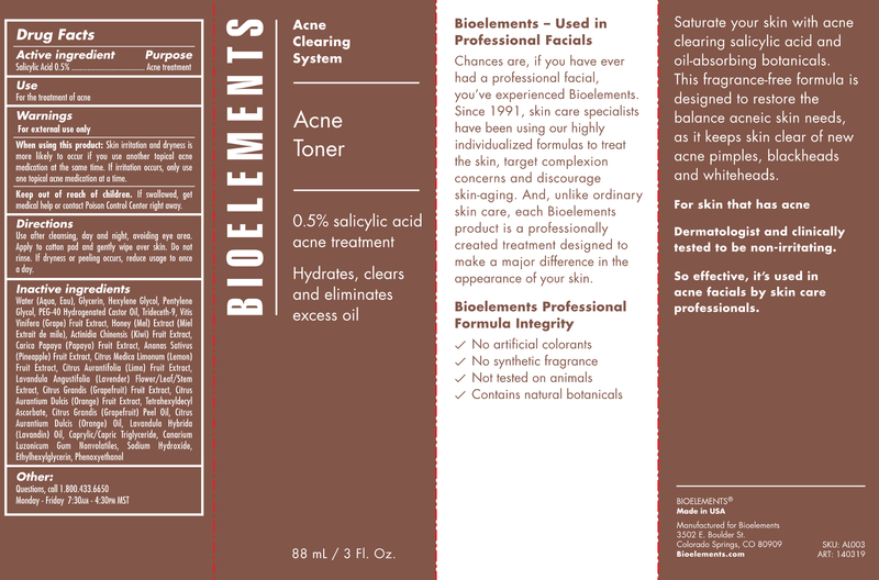 Acne Toner (Bioelements INC) Label