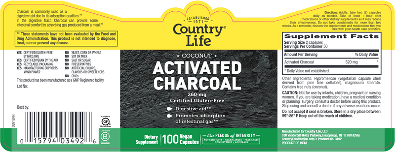 Activated Charcoal 260 mg (Country Life) Label