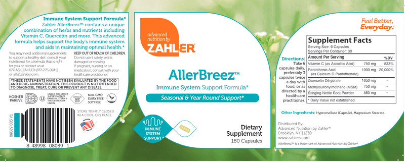 AllerBreez (Advanced Nutrition by Zahler) 180ct Label