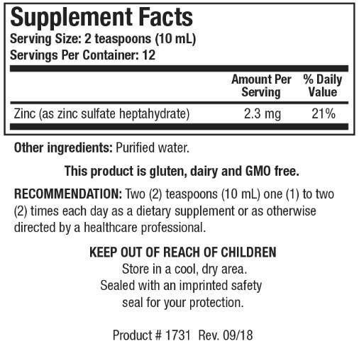 Aqueous Zinc (Biotics Research) Supplement Facts