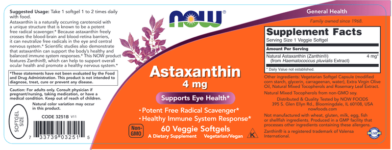 Astaxanthin 4 mg 60 Softgels (NOW) Label