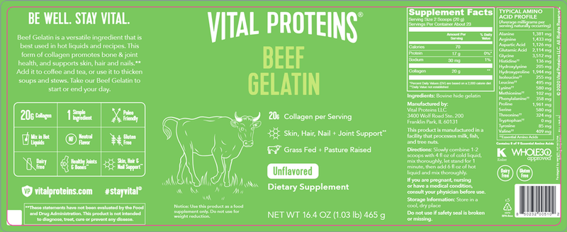 Beef Gelatin (Vital Proteins) Label