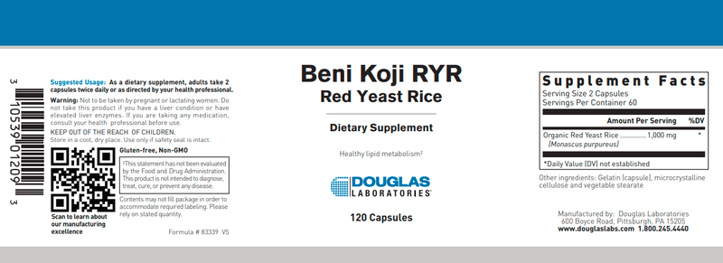 Beni Koji Red Yeast Rice (Douglas Labs) Label