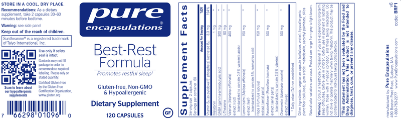 Best-Rest Formula 120 Caps Pure Encapsulations Label