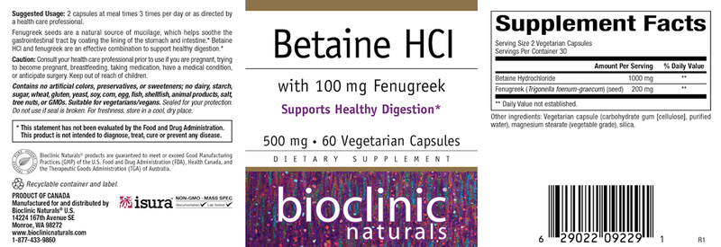 Betaine HCL with Fenugreek (Bioclinic Naturals) Label