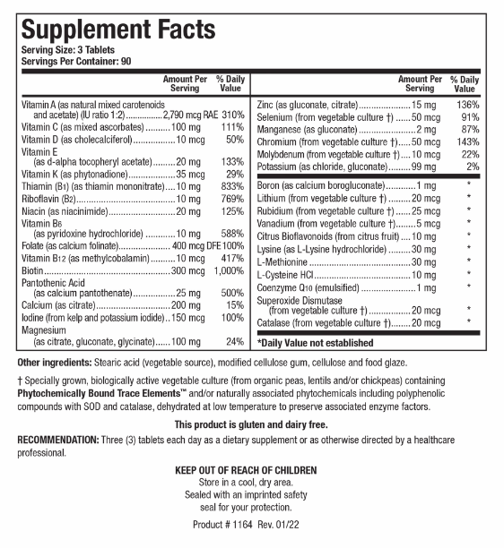 Bio-Multi Plus Fe & Cu Free (Biotics Research) Supplement Facts