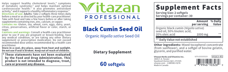 Black Cumin Seed Oil (Vitazan Pro) Label