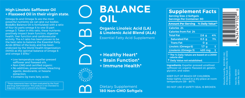 BodyBio Balance Oil 180 Softgels (BodyBio) Label