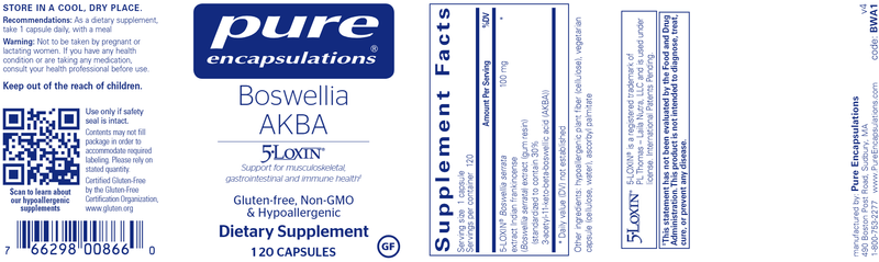 Boswellia AKBA 120 Caps Pure Encapsulations Label