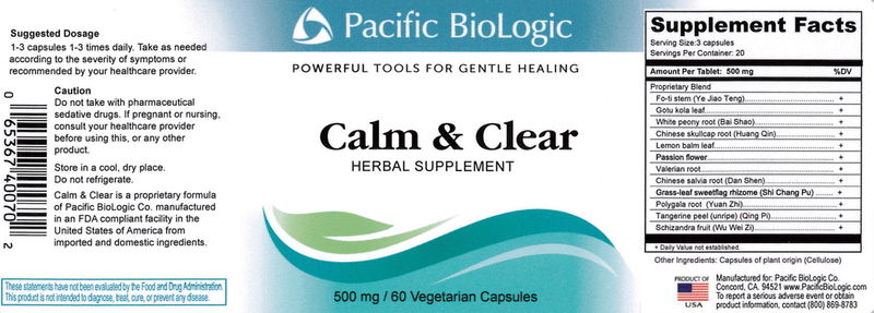 Calm & Clear (Pacific BioLogic) supplement facts