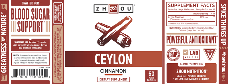 Ceylon Cinnamon 1200 mg (ZHOU Nutrition) Label