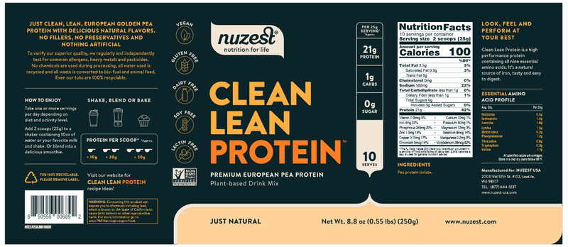 Clean Lean Protein Just Natural 8.8oz NuZest Label