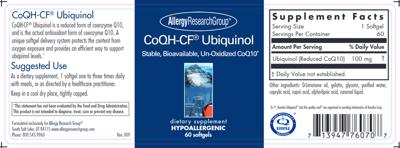 CoQH-CF® Ubiquinol (Allergy Research Group) label