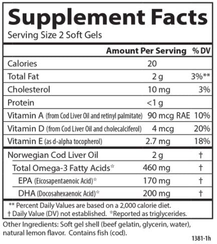 Cod Liver Oil 460 mg (Carlson Labs) Supplement Facts