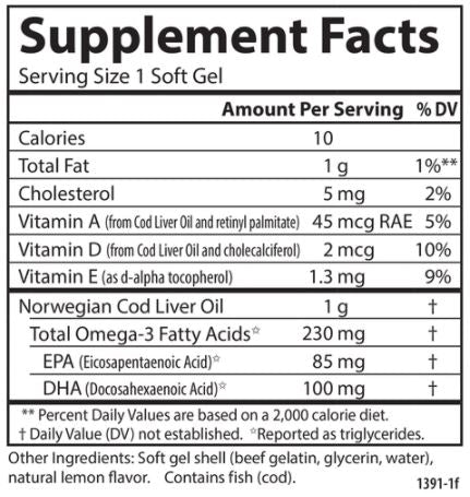 Cod Liver Oil Low Vitamin A Lemon (Carlson Labs) Supplement Facts