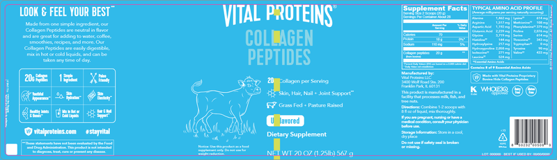 Collagen Peptides Unflavored 20 oz (Vital Proteins) Label