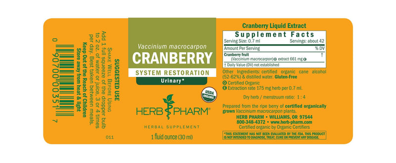 Cranberry/Vaccinium macrocarpon (Herb Pharm) Label