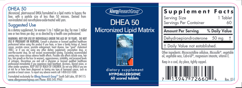 DHEA 50 mg (Allergy Research Group) label