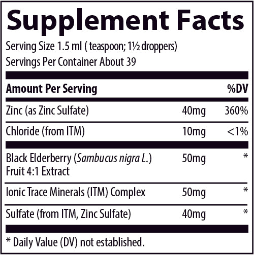 Elderberry + Ionic Zinc Trace Minerals Research supplement facts