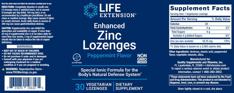 Enhanced Zinc Lozenges (Life Extension) Label