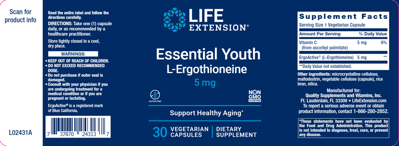 Essential Youth L-Ergothioneine (Life Extension) Label