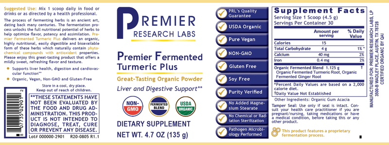 Fermented Turmeric Plus Premier (Premier Research Labs) Label