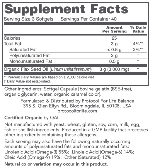 Flax Seed Oil 1000 mg (Protocol for Life Balance) Supplement Facts