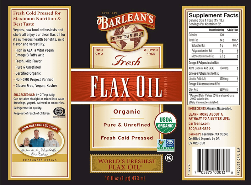 Fresh Flax Oil Organic 16oz (Barlean's Organic Oils) Label