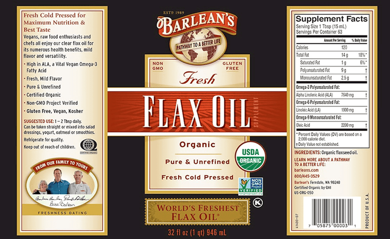 Fresh Flax Oil Organic 32oz (Barlean's Organic Oils) Label