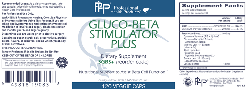 Gluco Beta Stimulator+ Professional Health Products Label