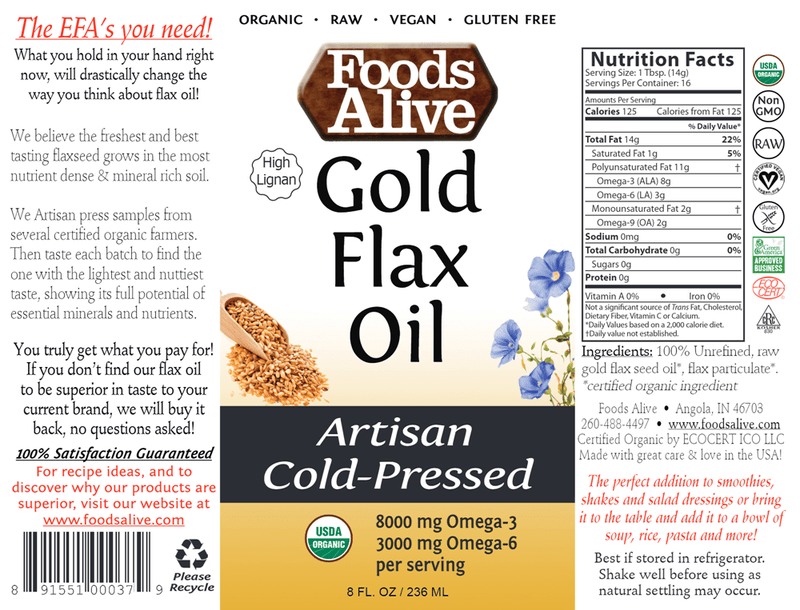 Gold Flax Seed Oil Organic (Foods Alive) Label