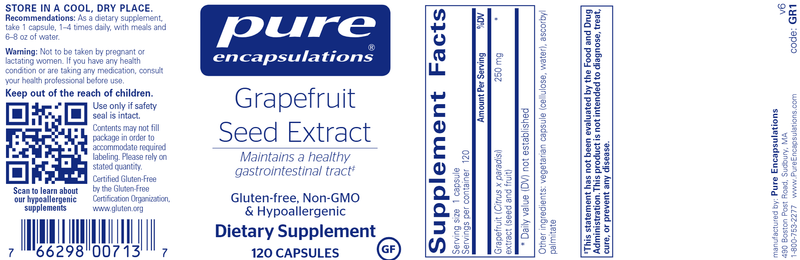 Grapefruit Seed Extract 120 Caps (Pure Encapsulations) Label