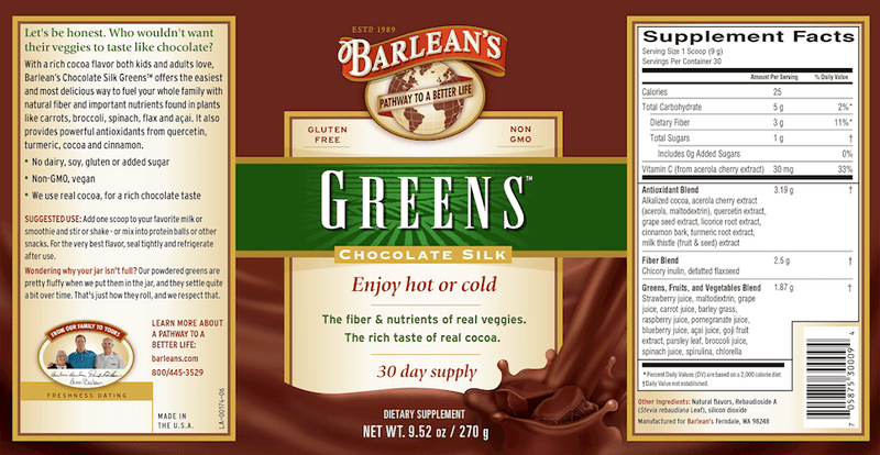 Greens Chocolate Silk (Barlean's Organic Oils) Label