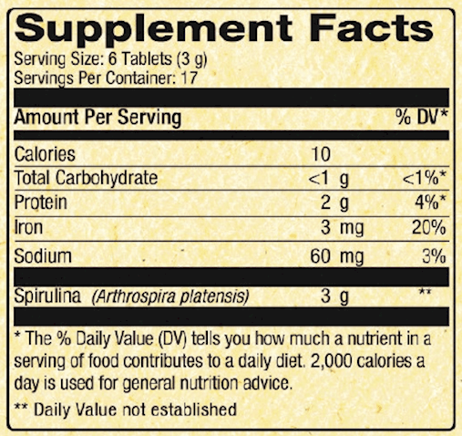 Hawaiian Spirulina 500 mg 100 Tabs Nutrex Hawaii Supplement Facts