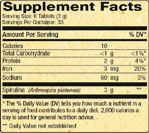 Hawaiian Spirulina 500 mg 200 Tabs Nutrex Hawaii Supplement Facts