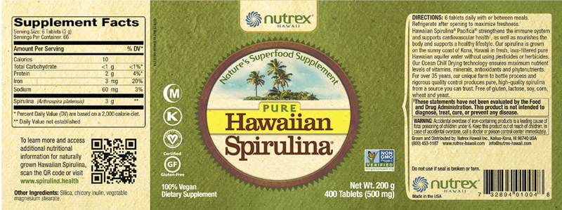 Hawaiian Spirulina 500 mg 400 Tabs Nutrex Hawaii Label