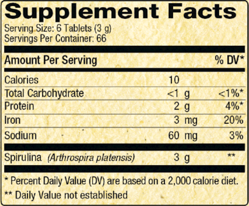 Hawaiian Spirulina 500 mg 400 Tabs Nutrex Hawaii Supplement Facts