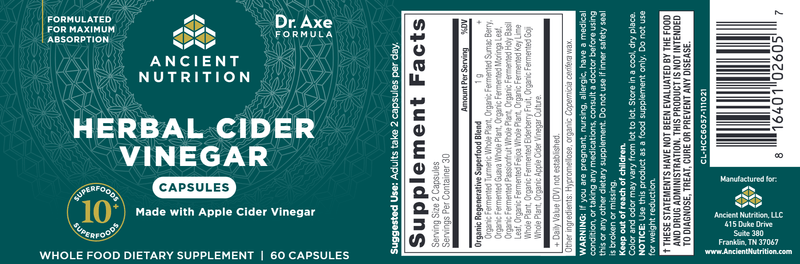 Herbal Cider Vinegar Capsules (Ancient Nutrition) Label