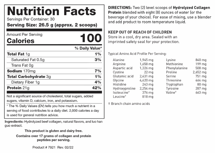 Hydrolyzed Collagen Protein (Biotics Research) Chocolate Nutrition  Facts