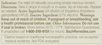 Impatiens Flower Essence (Nelson Bach) Ingredients