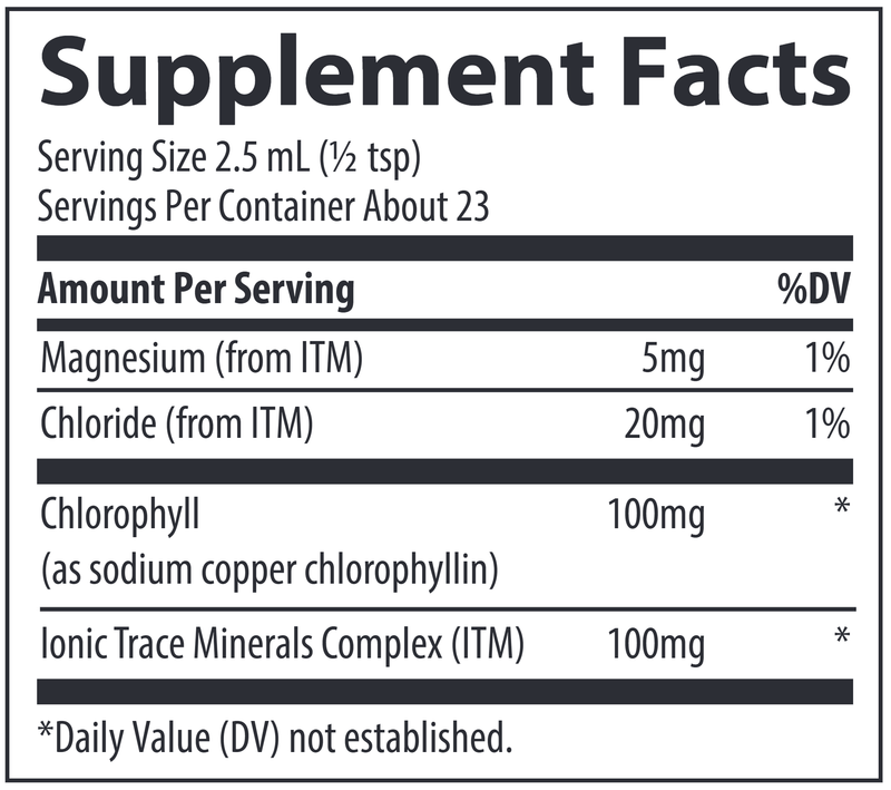 Ionic Chlorophyll Liquid Trace Minerals Research supplement facts