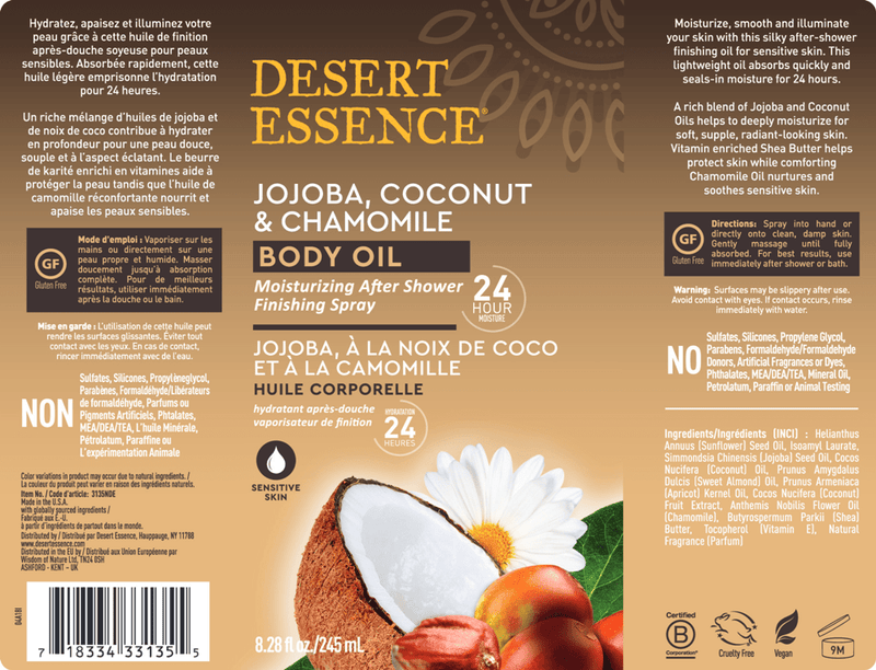 Jojoba Coconut Chamomile Body Oil Spray (Desert Essence) Label